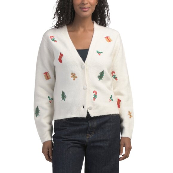 CUPCAKES & CASHMERE Ivory Combo Storybook Embroidered Icons Cardigan - Picture 1 of 2
